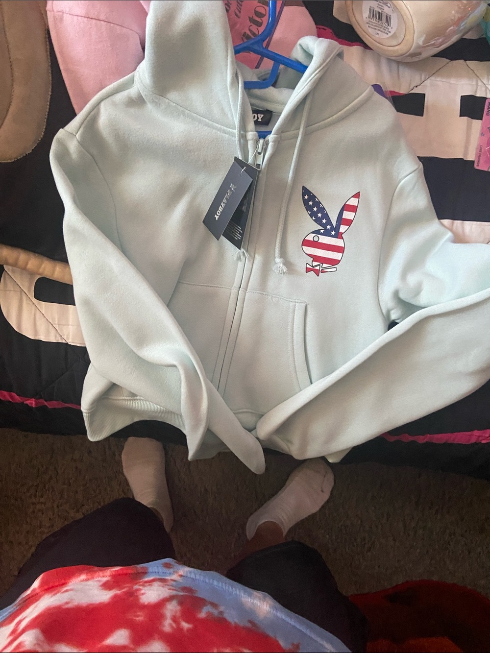 PLAYBOY Mint Green Zip-Up Hoodie with American Flag Bunny